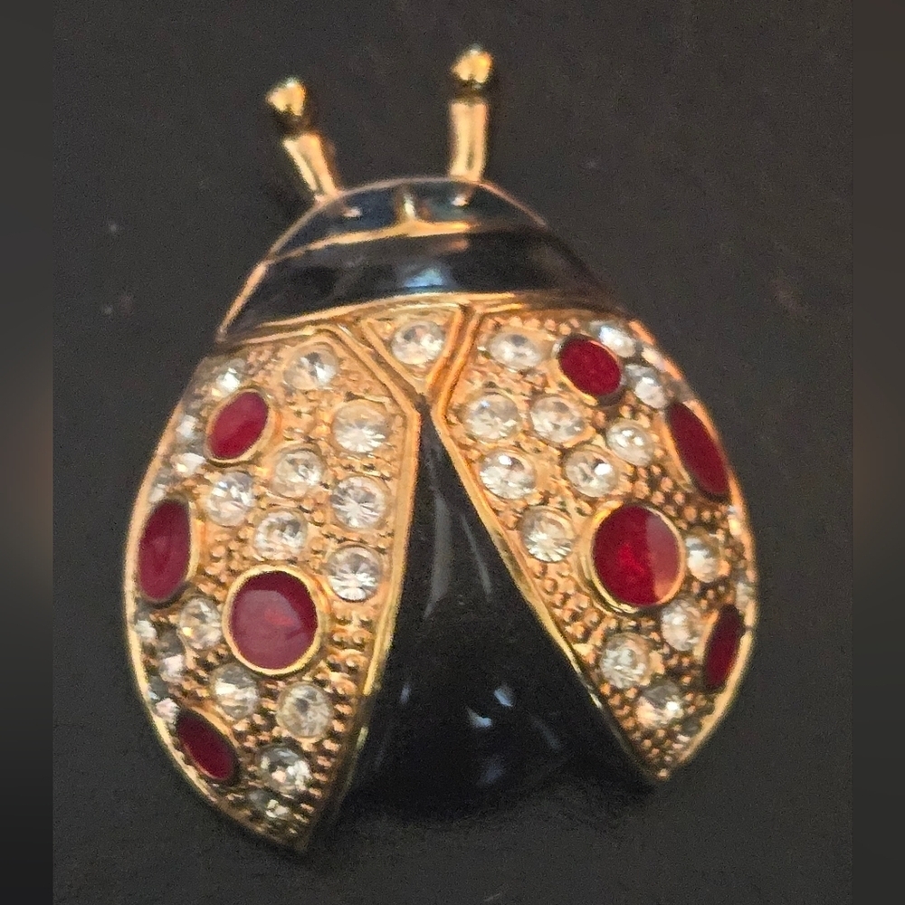 Roman Vintage Ladybug Brooch Bug Gold Rhinestones & Enamel EUC - Picture 5 of 6